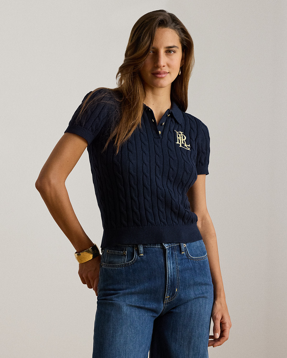 Women's Cable-Knit Cotton Polo Sweater