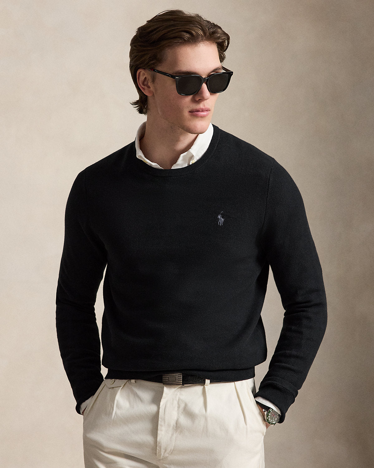 Mesh-Knit Cotton Crewneck Sweater