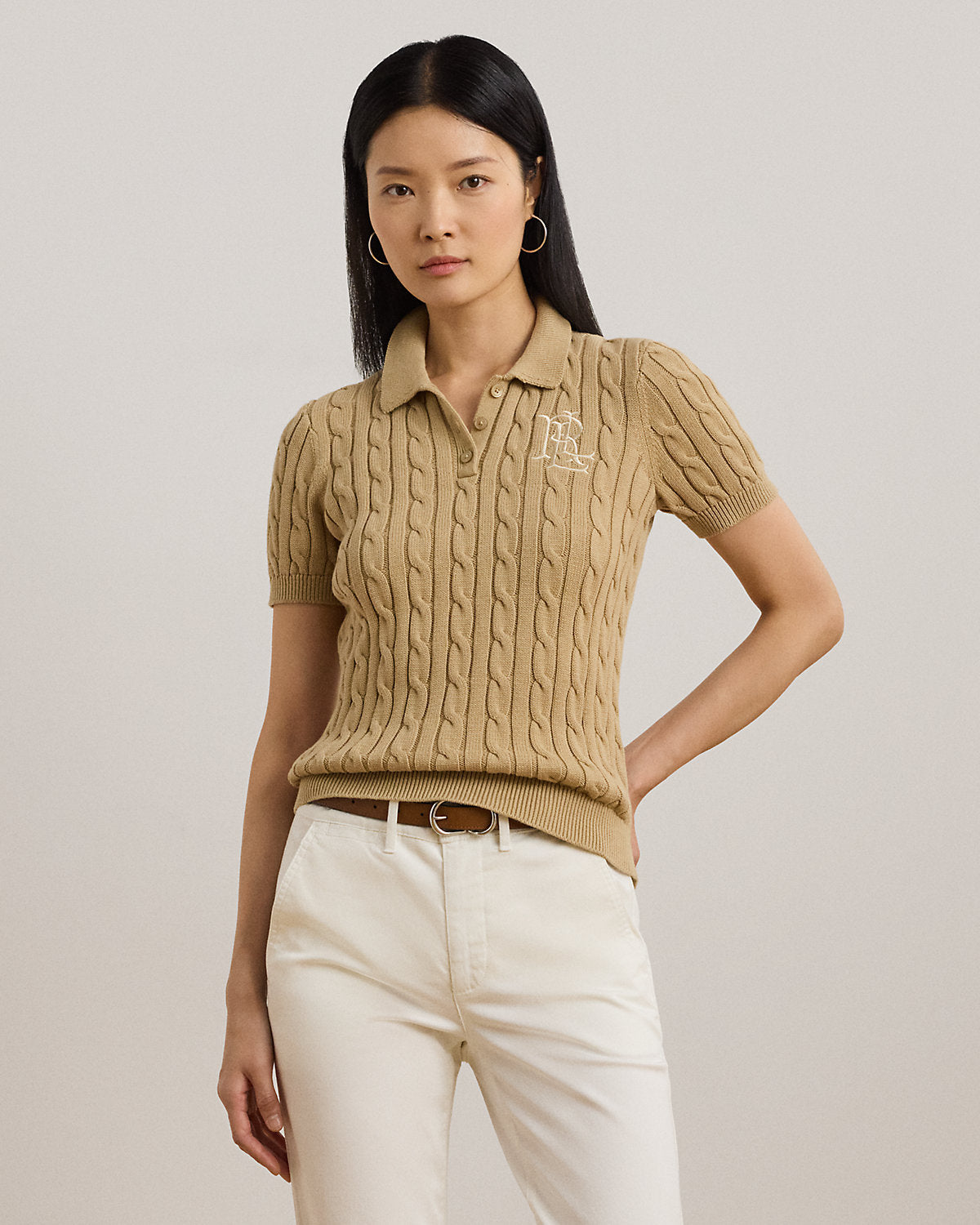 Women's Cable-Knit Cotton Polo Sweater