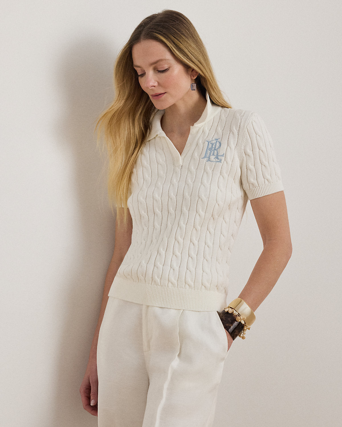 Women's Cable-Knit Cotton Polo Sweater