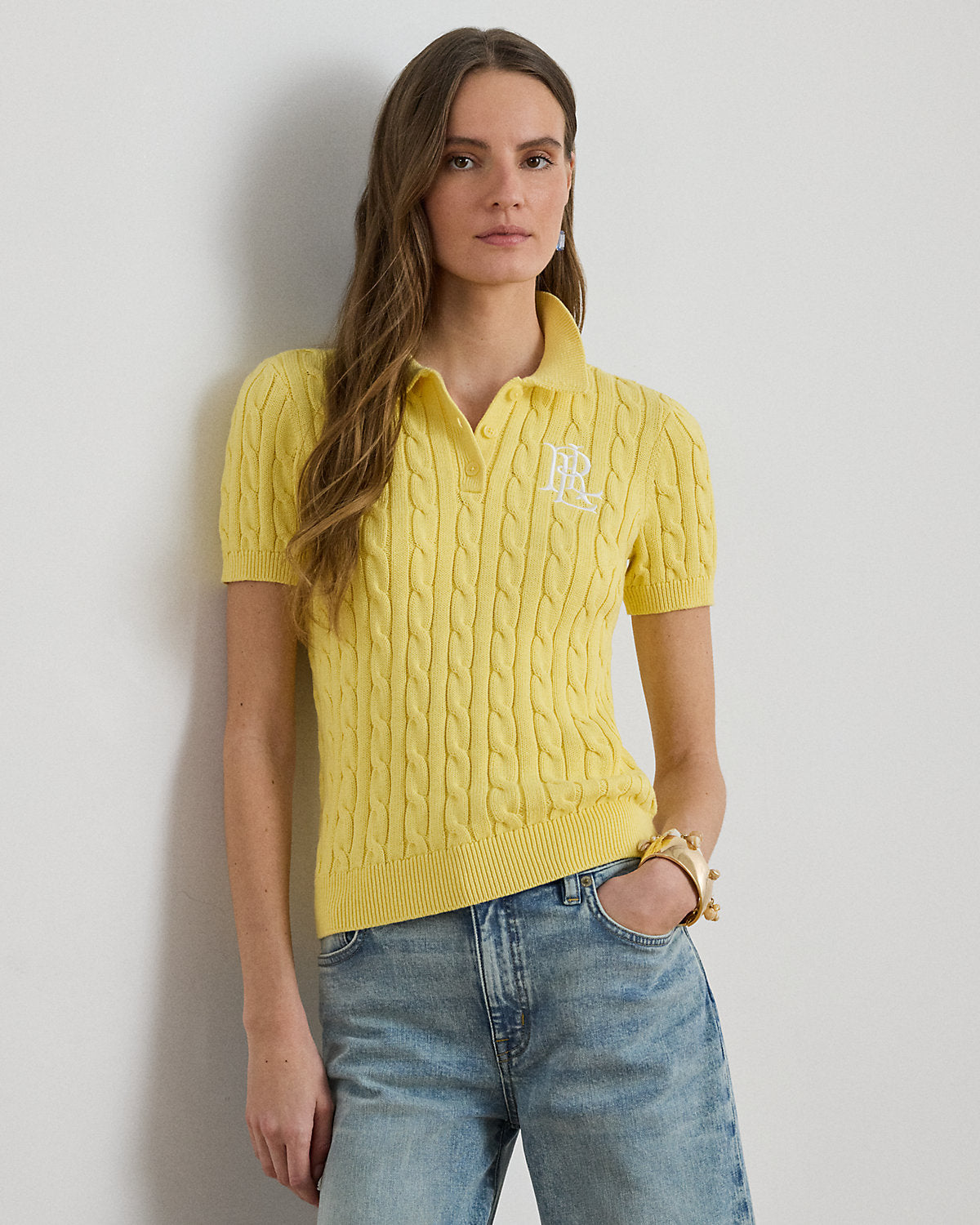 Women's Cable-Knit Cotton Polo Sweater