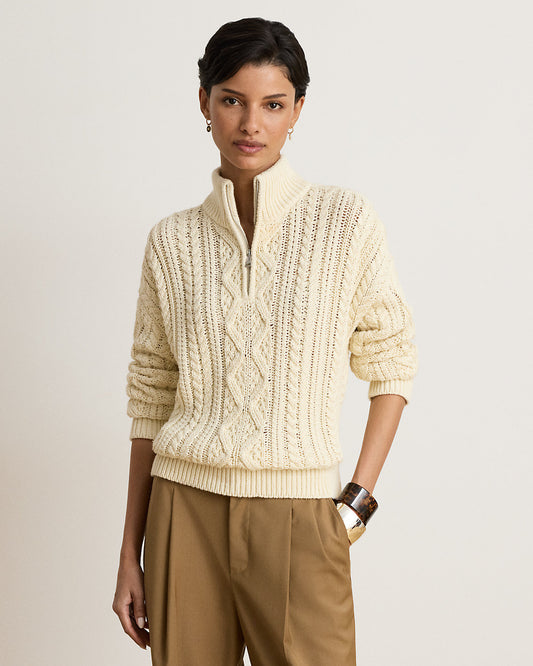 Aran-Knit Cotton Quarter-Zip Pullover