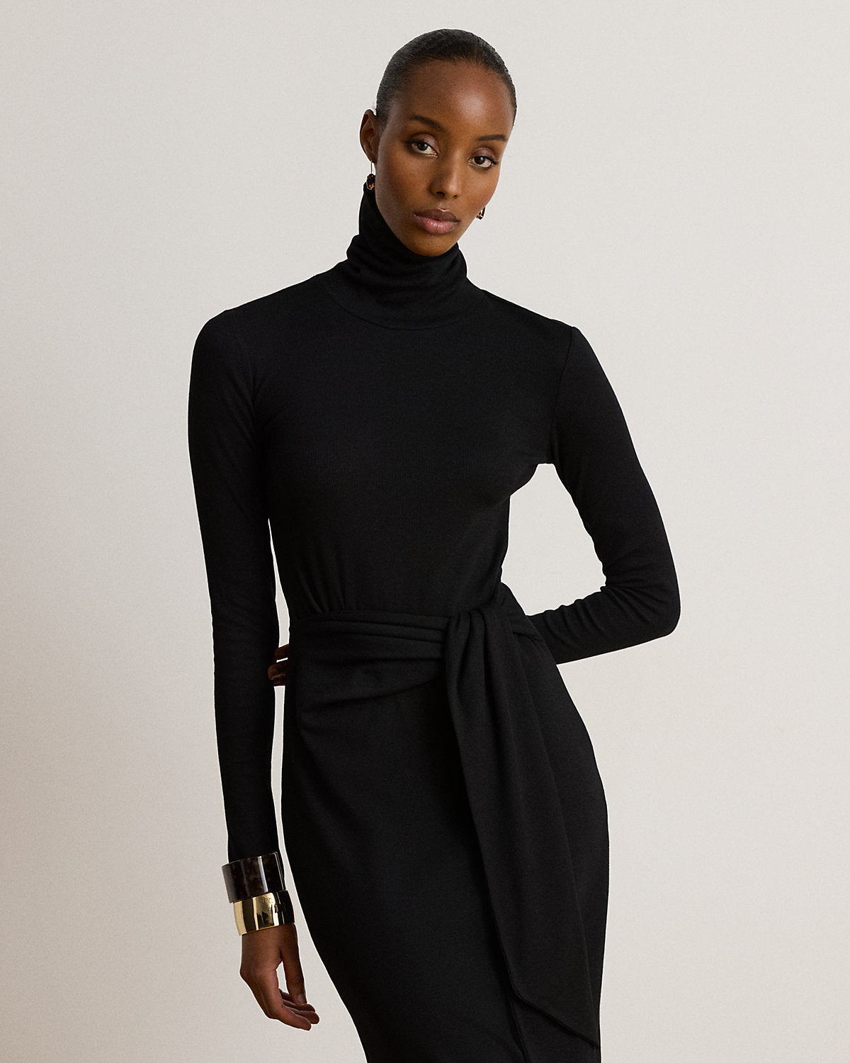 Tie-Front Cotton-Blend Turtleneck Dress