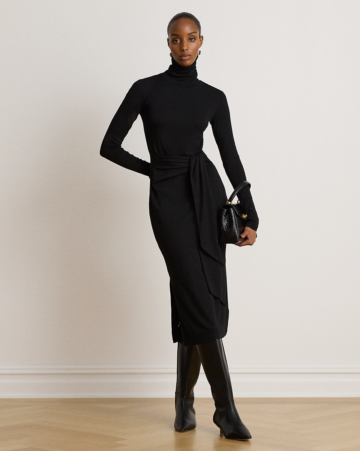 Tie-Front Cotton-Blend Turtleneck Dress