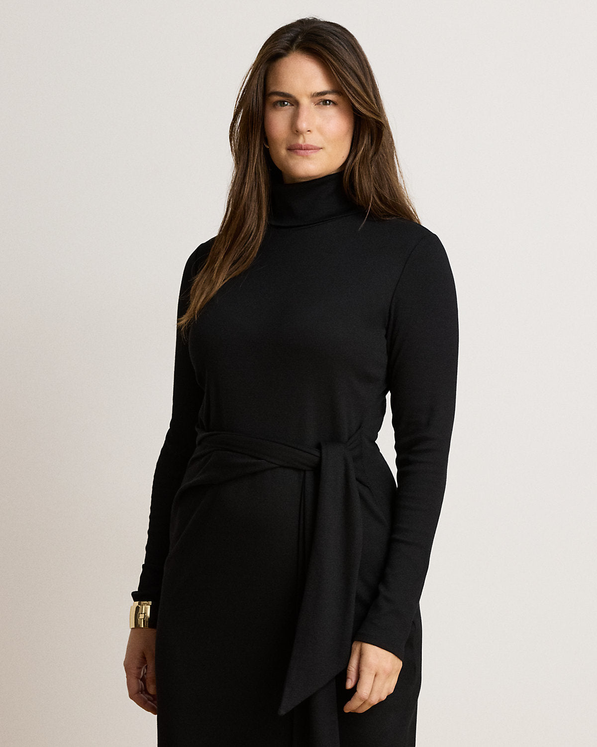 Tie-Front Cotton-Blend Turtleneck Dress