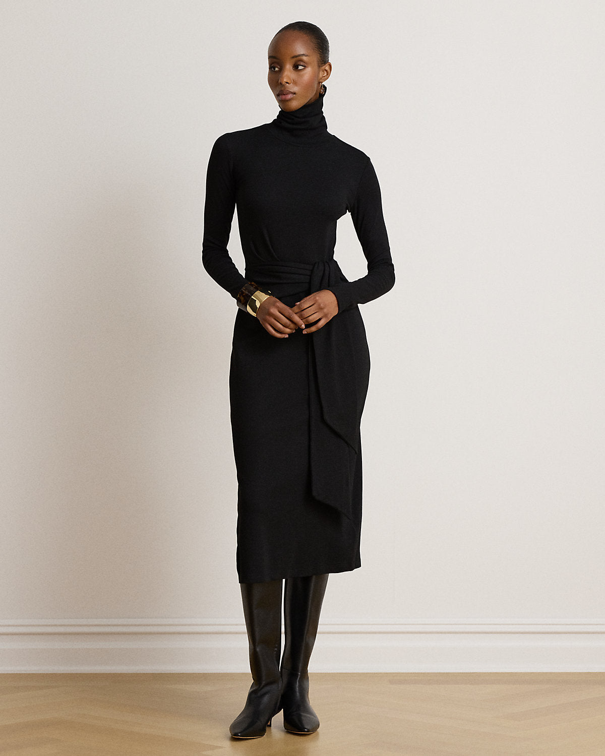 Tie-Front Cotton-Blend Turtleneck Dress