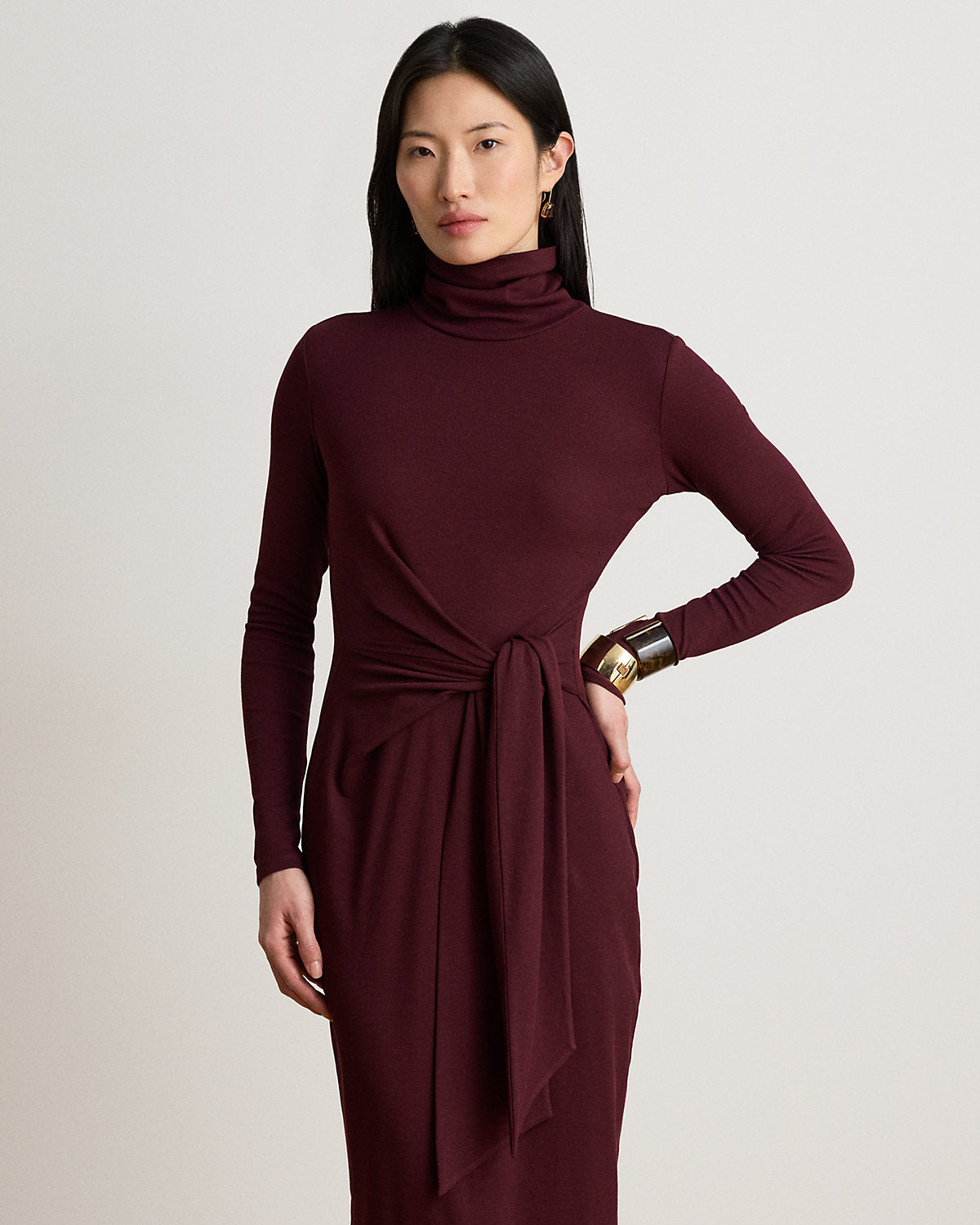 Tie-Front Cotton-Blend Turtleneck Dress