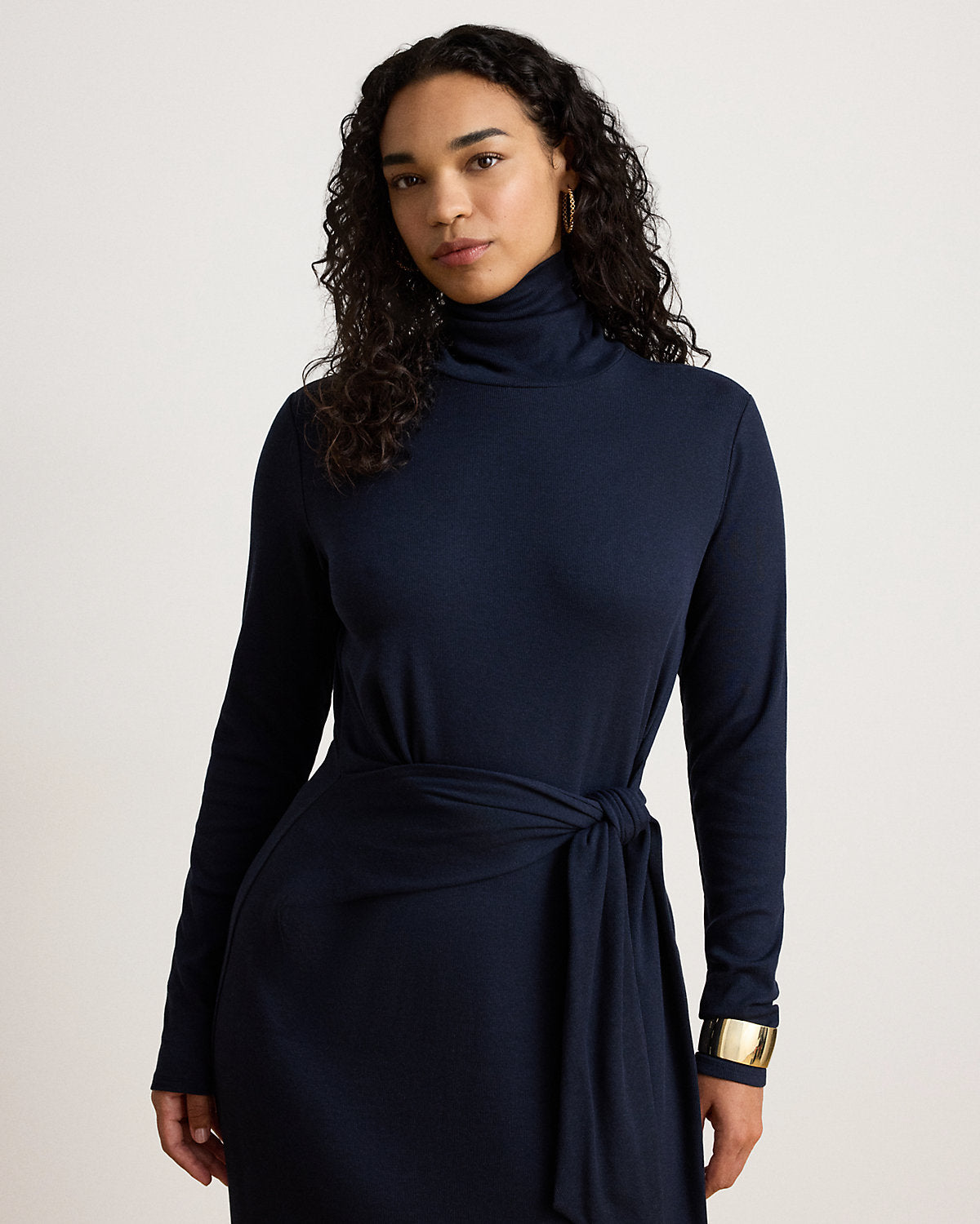 Tie-Front Cotton-Blend Turtleneck Dress