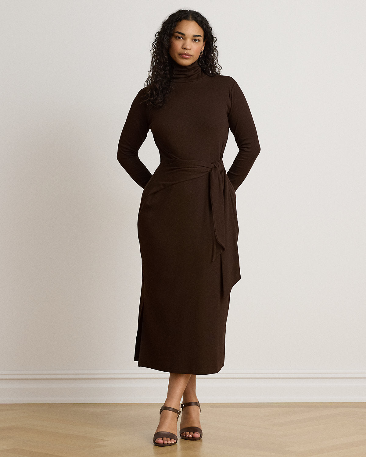 Tie-Front Cotton-Blend Turtleneck Dress