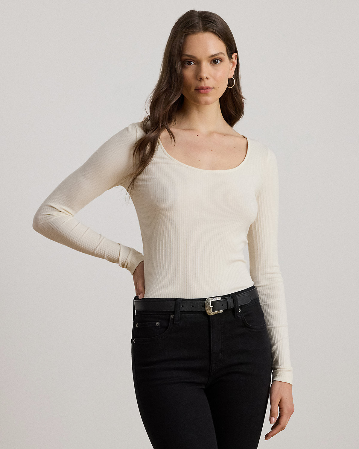 Rib-Knit Long-Sleeve Scoopneck Tee