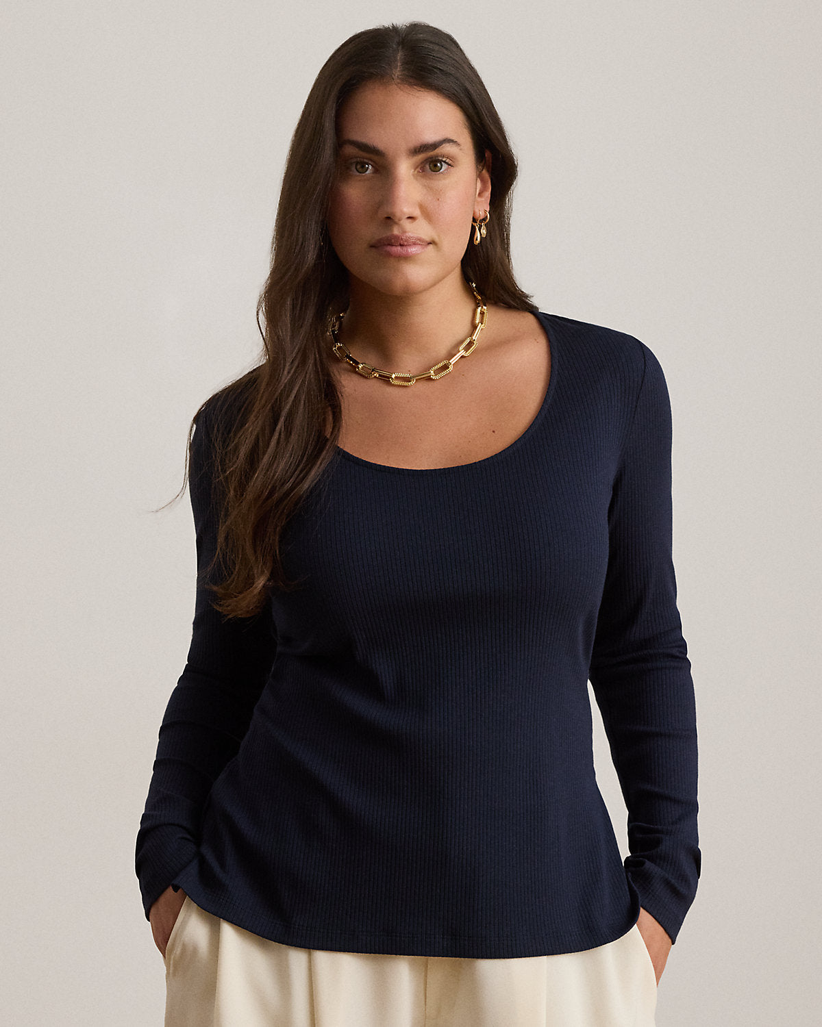 Rib-Knit Long-Sleeve Scoopneck Tee