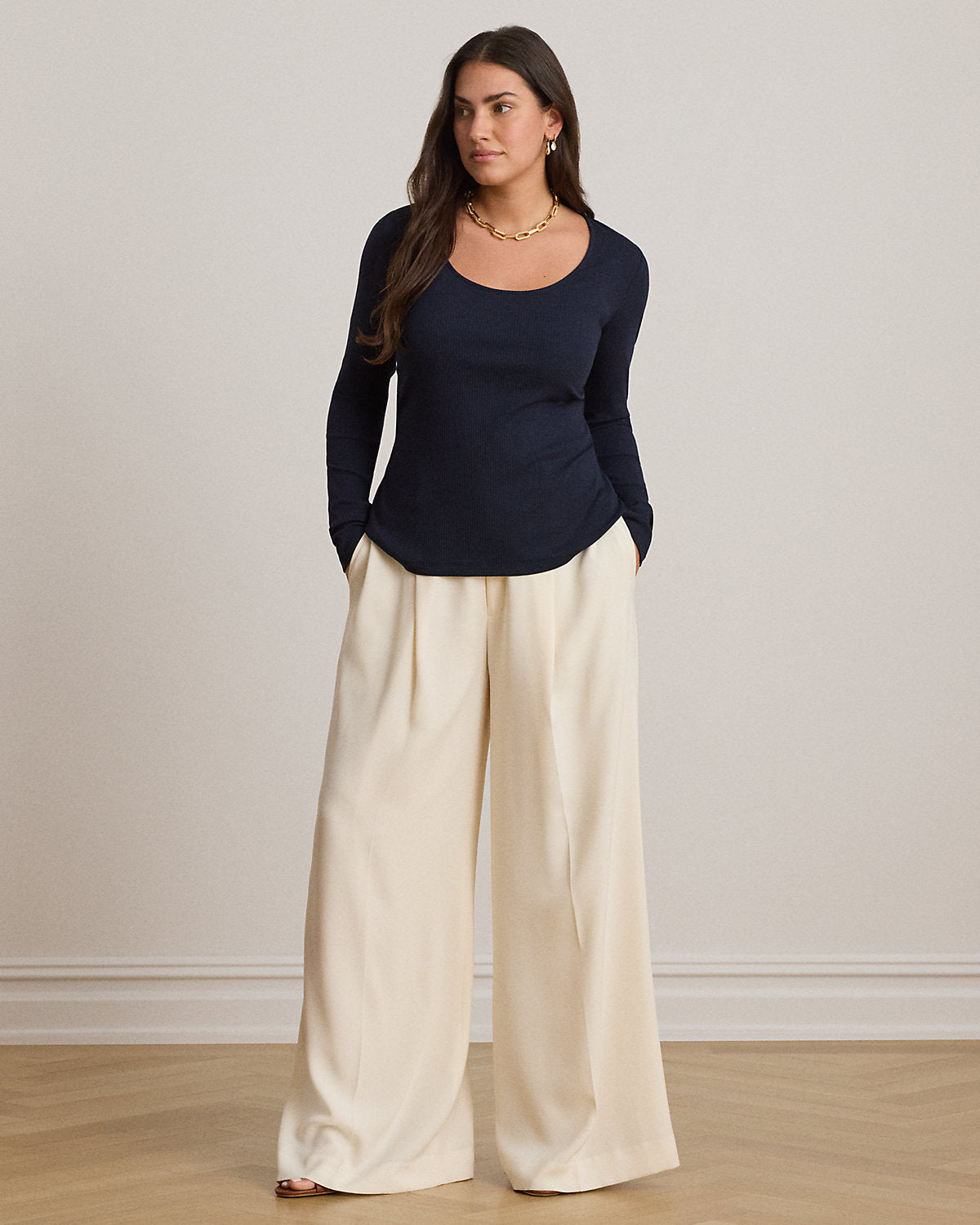 Rib-Knit Long-Sleeve Scoopneck Tee