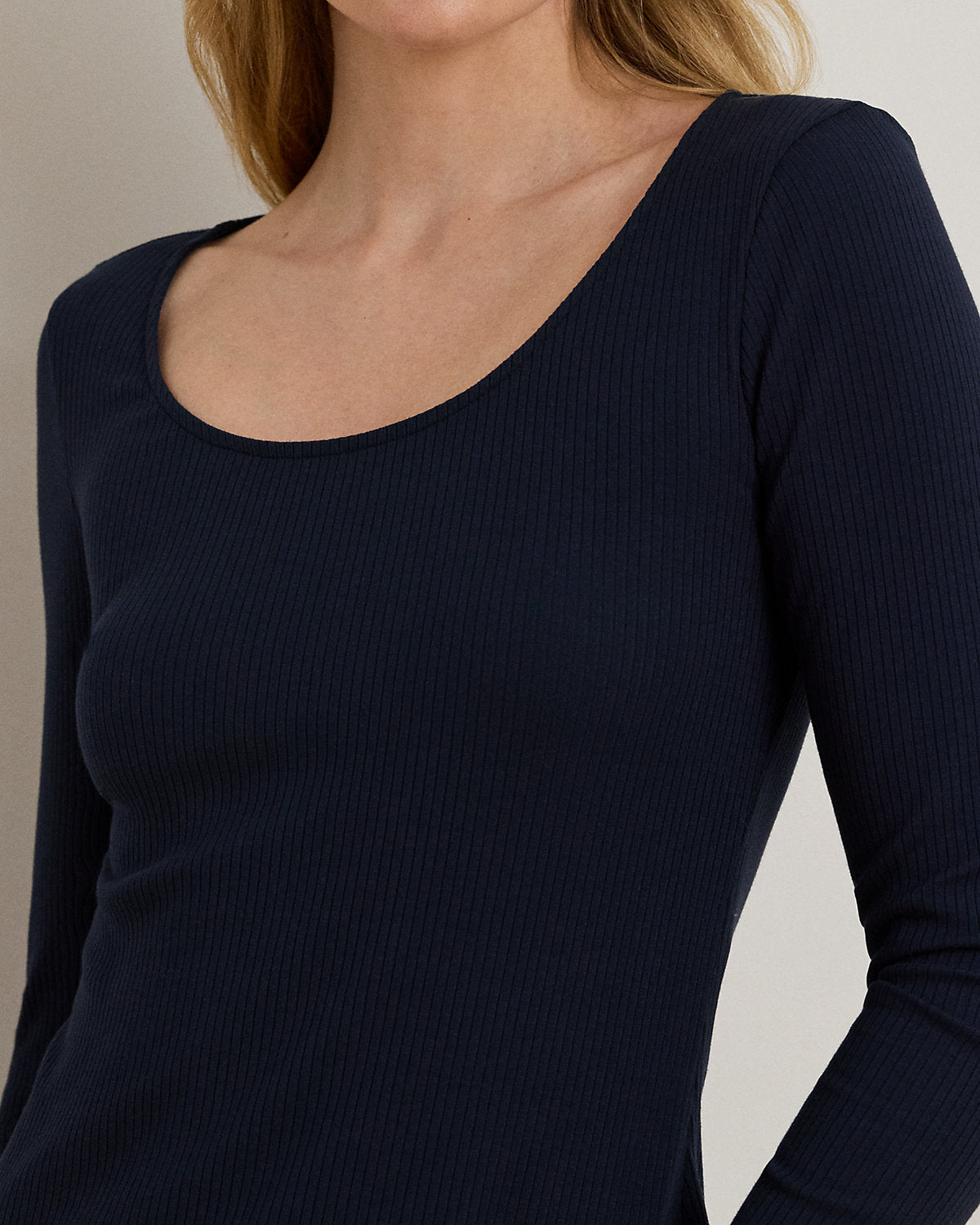 Rib-Knit Long-Sleeve Scoopneck Tee
