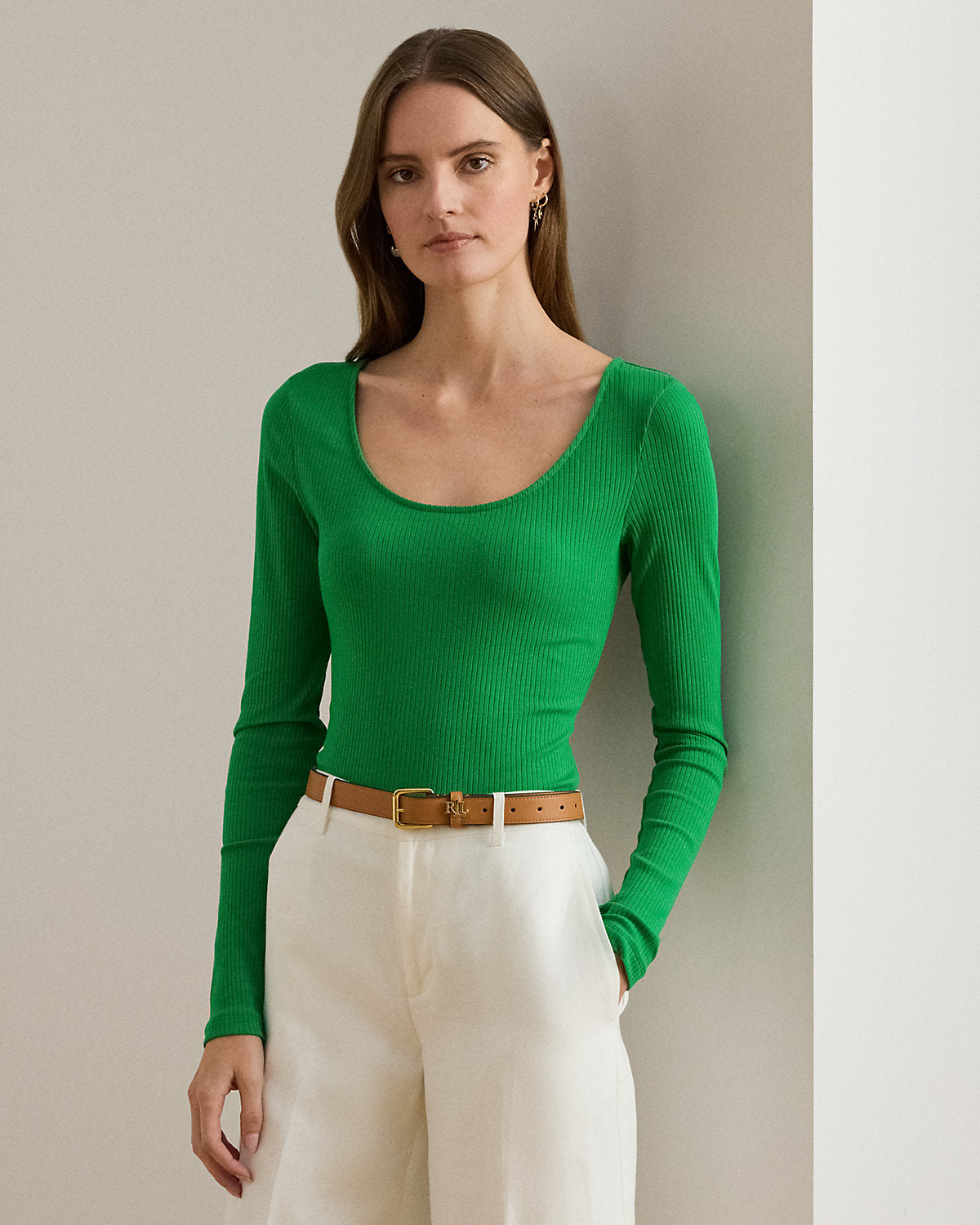 Rib-Knit Long-Sleeve Scoopneck Tee