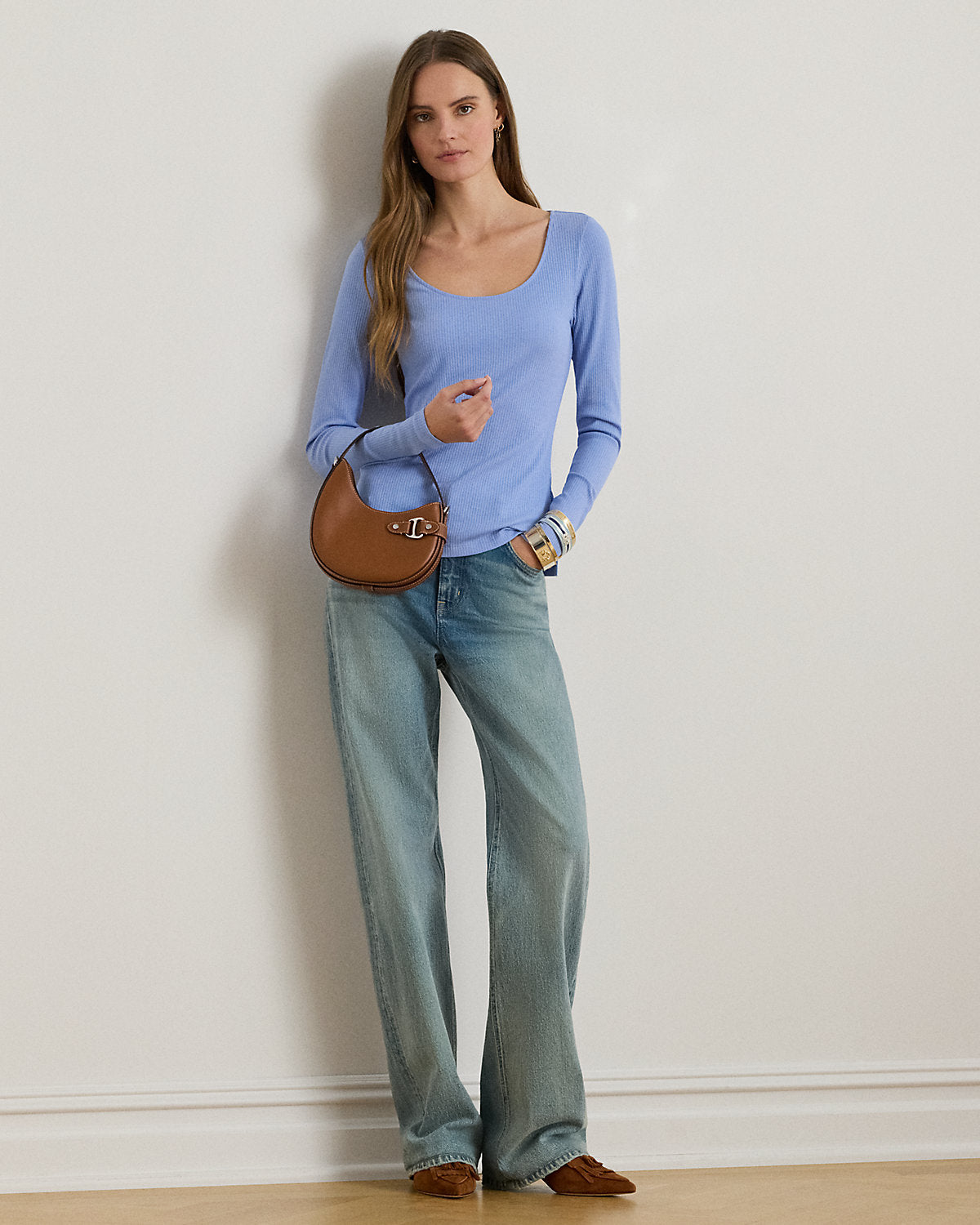 Rib-Knit Long-Sleeve Scoopneck Tee