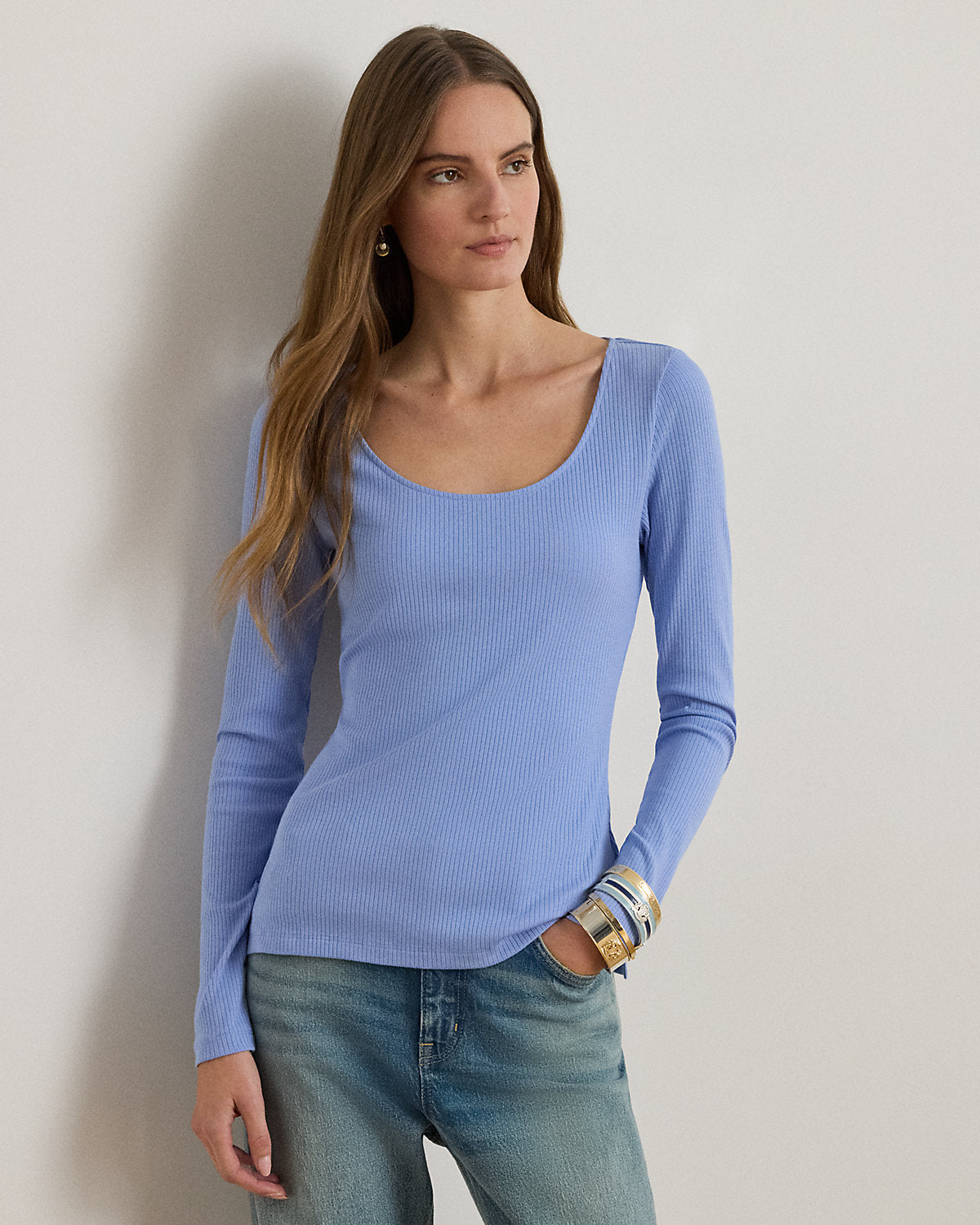 Rib-Knit Long-Sleeve Scoopneck Tee
