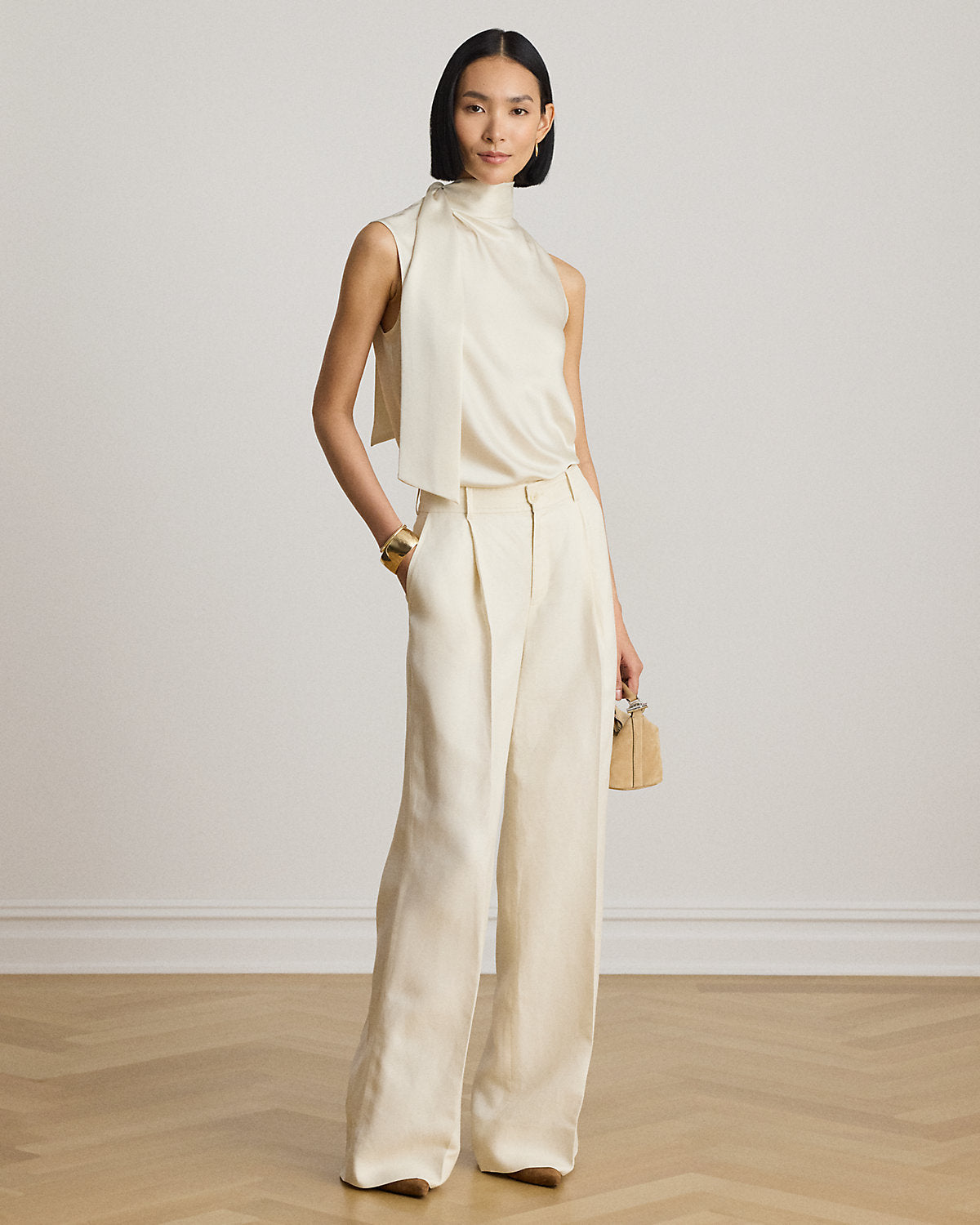 Tie-Neck Charmeuse Sleeveless Blouse