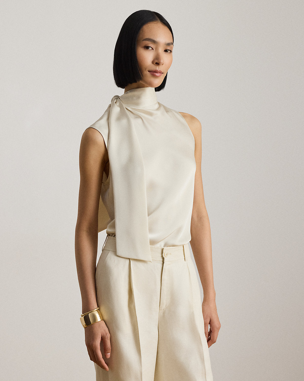 Tie-Neck Charmeuse Sleeveless Blouse