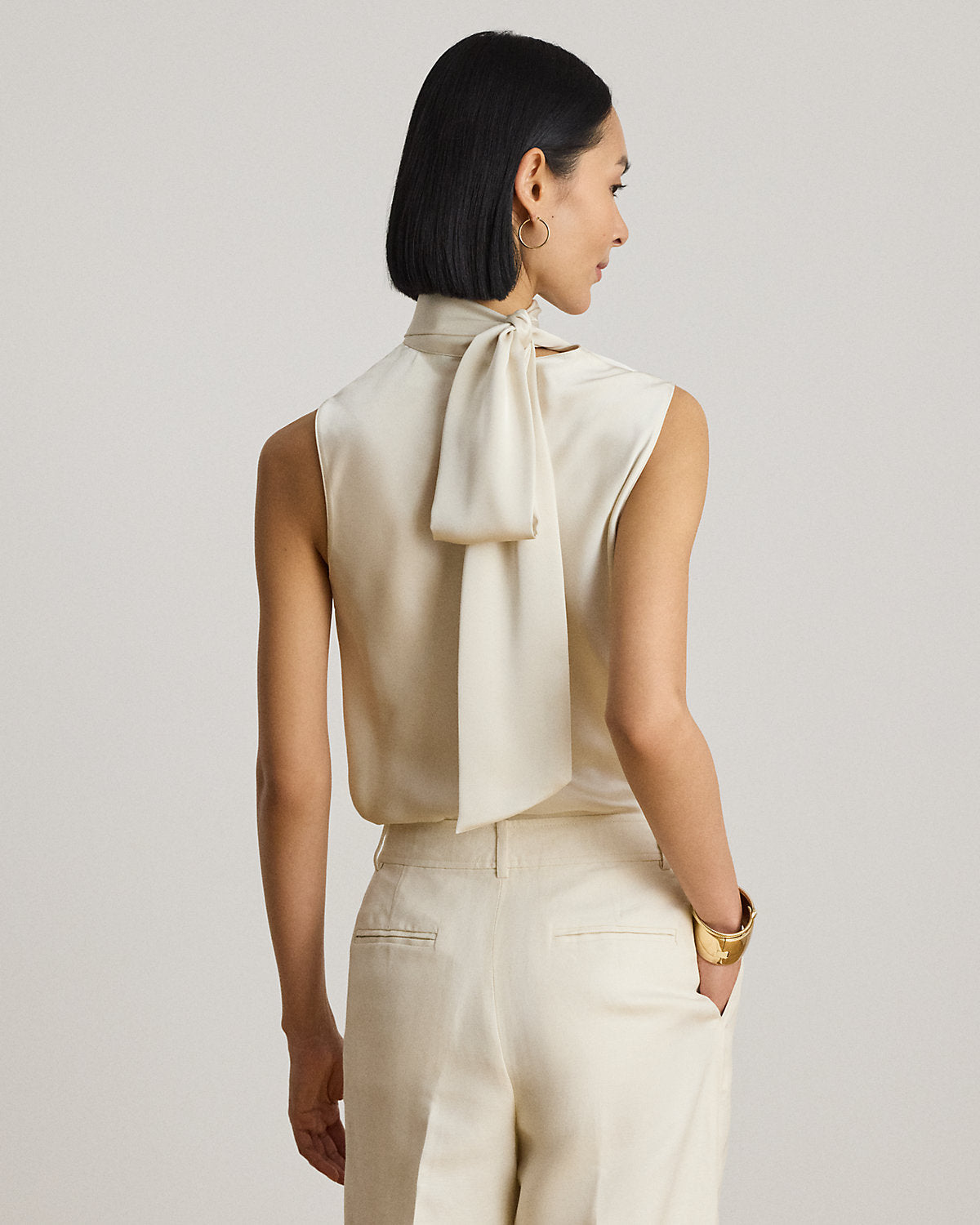 Tie-Neck Charmeuse Sleeveless Blouse