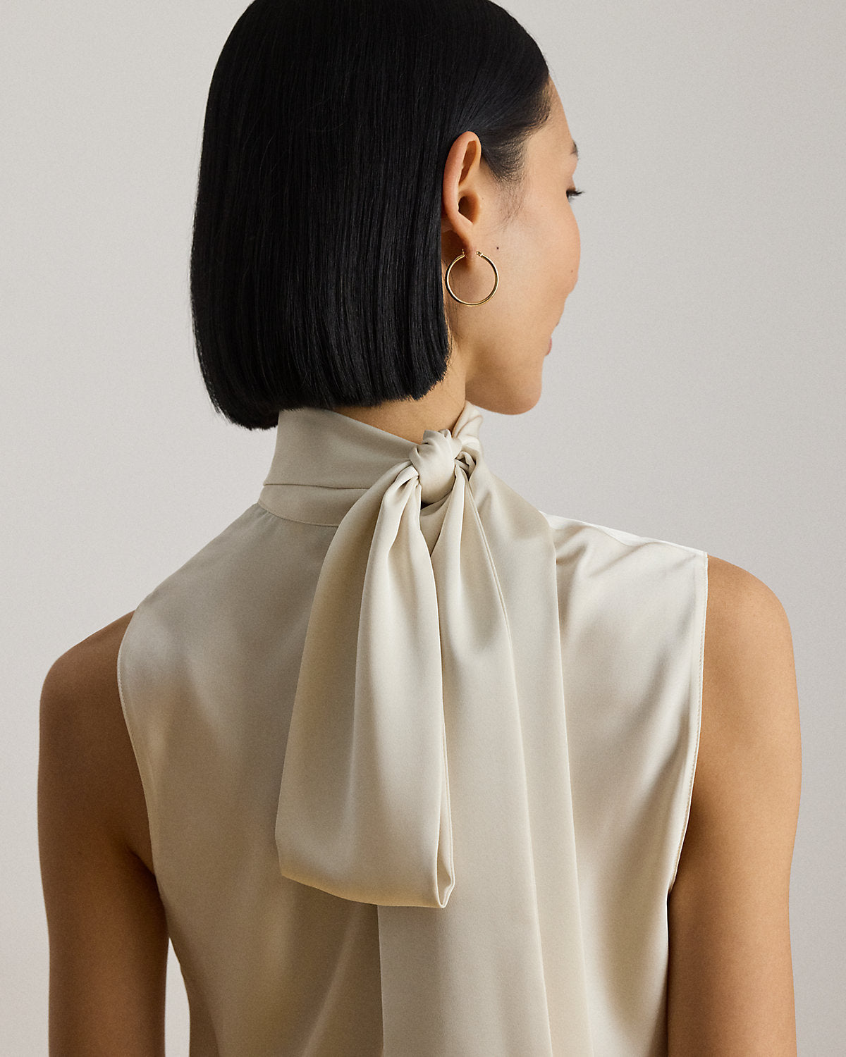 Tie-Neck Charmeuse Sleeveless Blouse