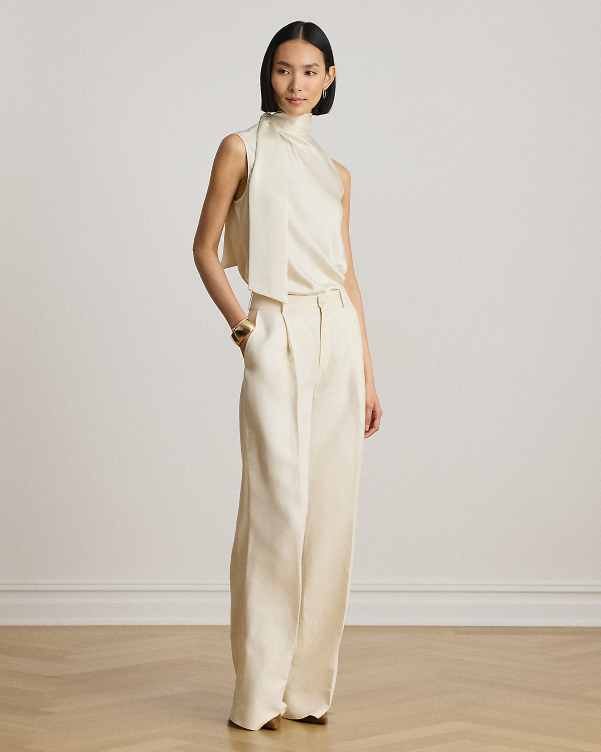 Tie-Neck Charmeuse Sleeveless Blouse