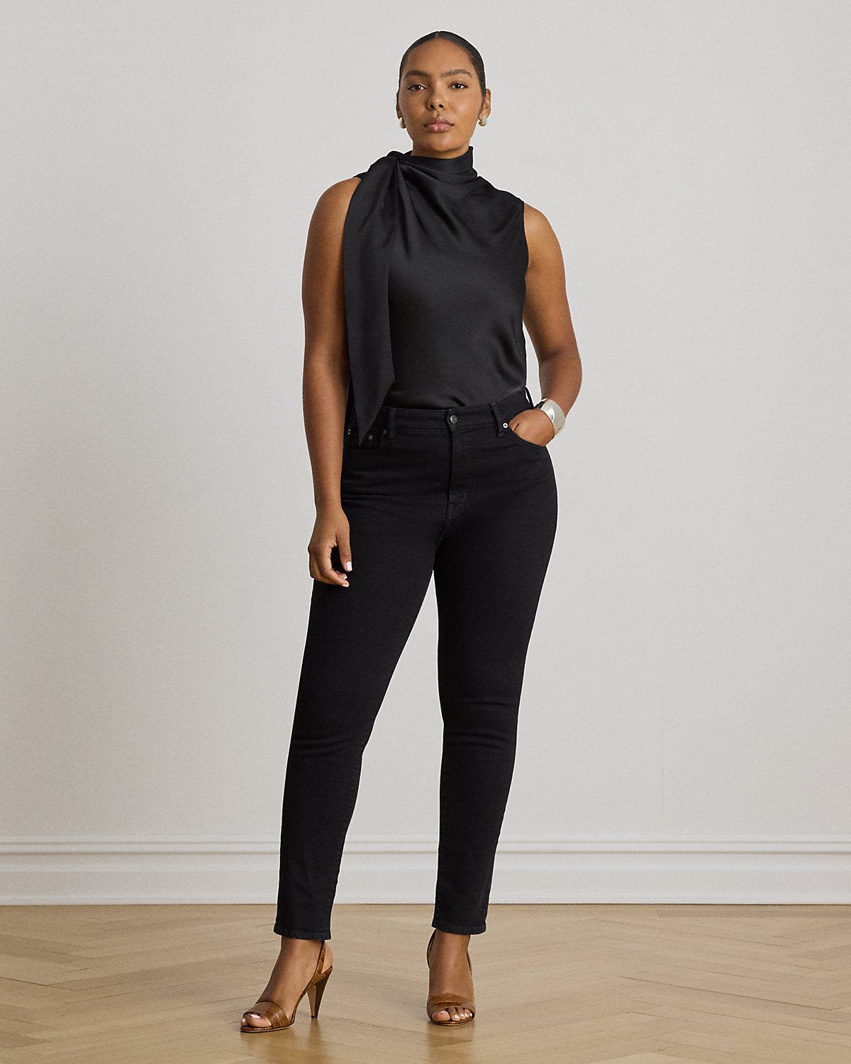 Tie-Neck Charmeuse Sleeveless Blouse