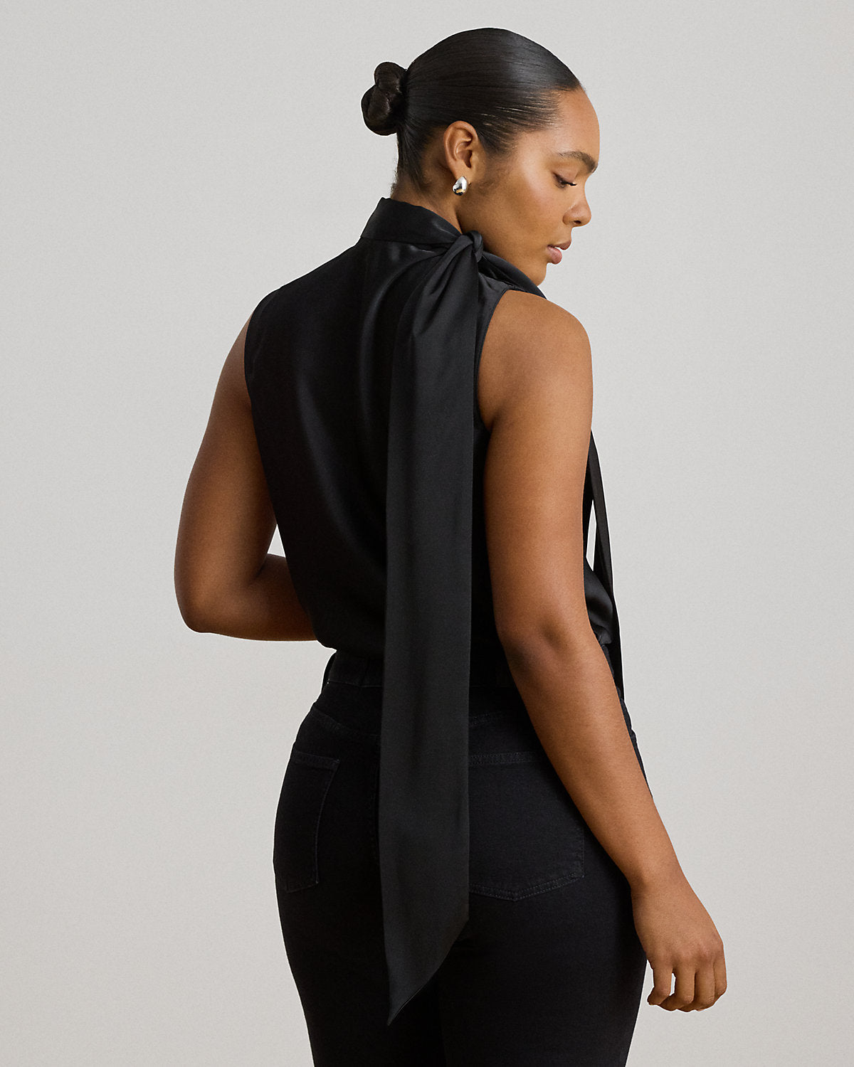 Tie-Neck Charmeuse Sleeveless Blouse