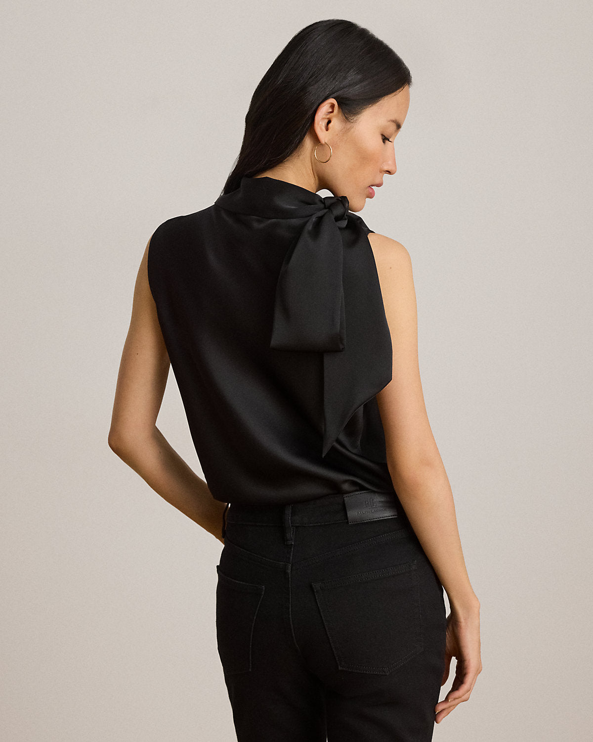 Tie-Neck Charmeuse Sleeveless Blouse
