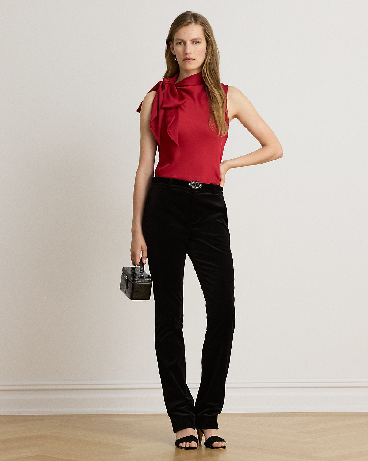 Tie-Neck Charmeuse Sleeveless Blouse