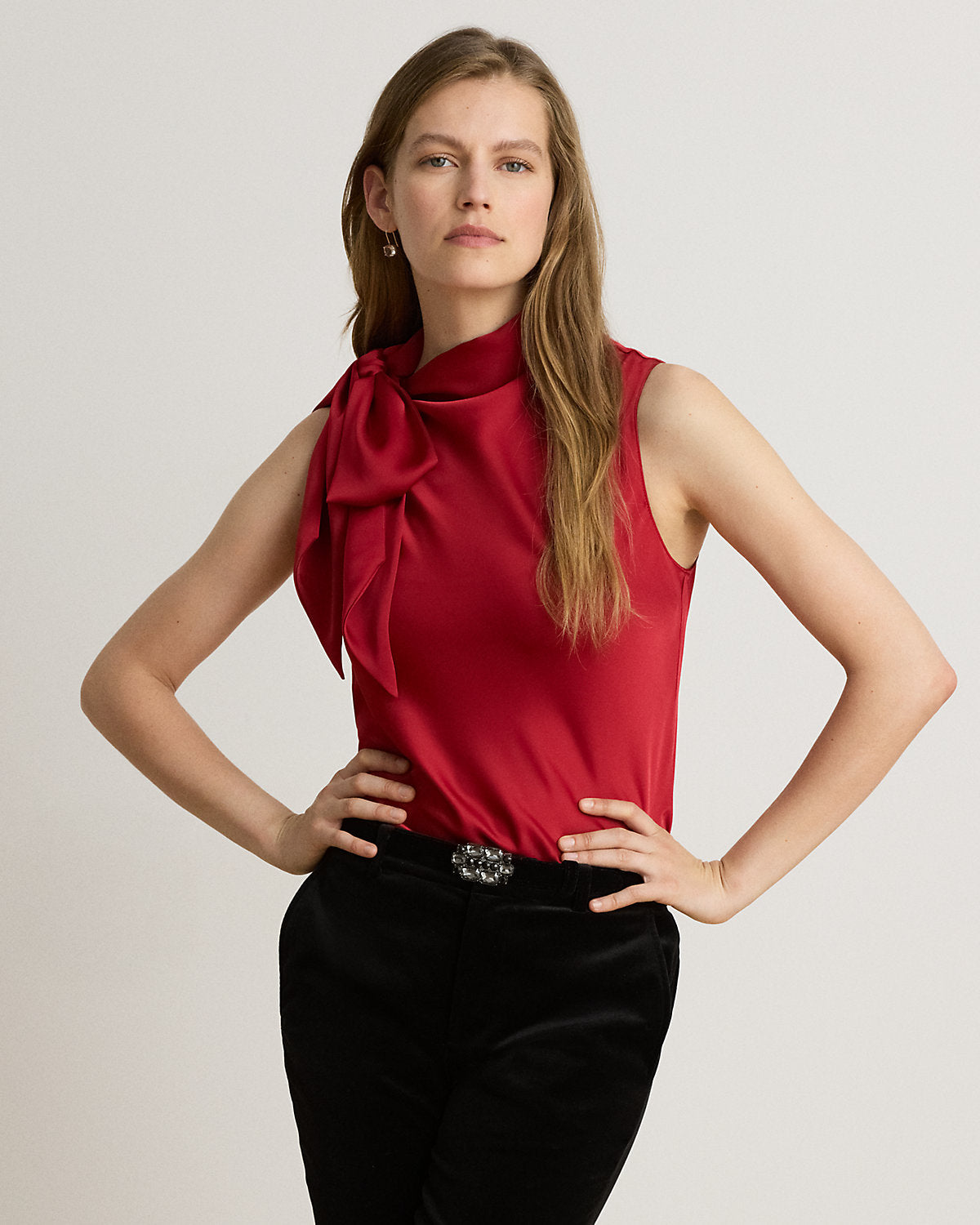 Tie-Neck Charmeuse Sleeveless Blouse