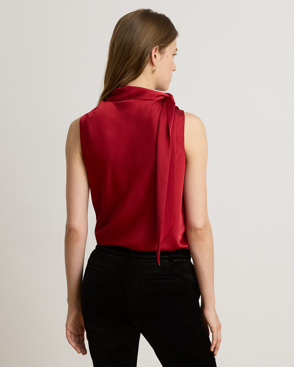 Tie-Neck Charmeuse Sleeveless Blouse