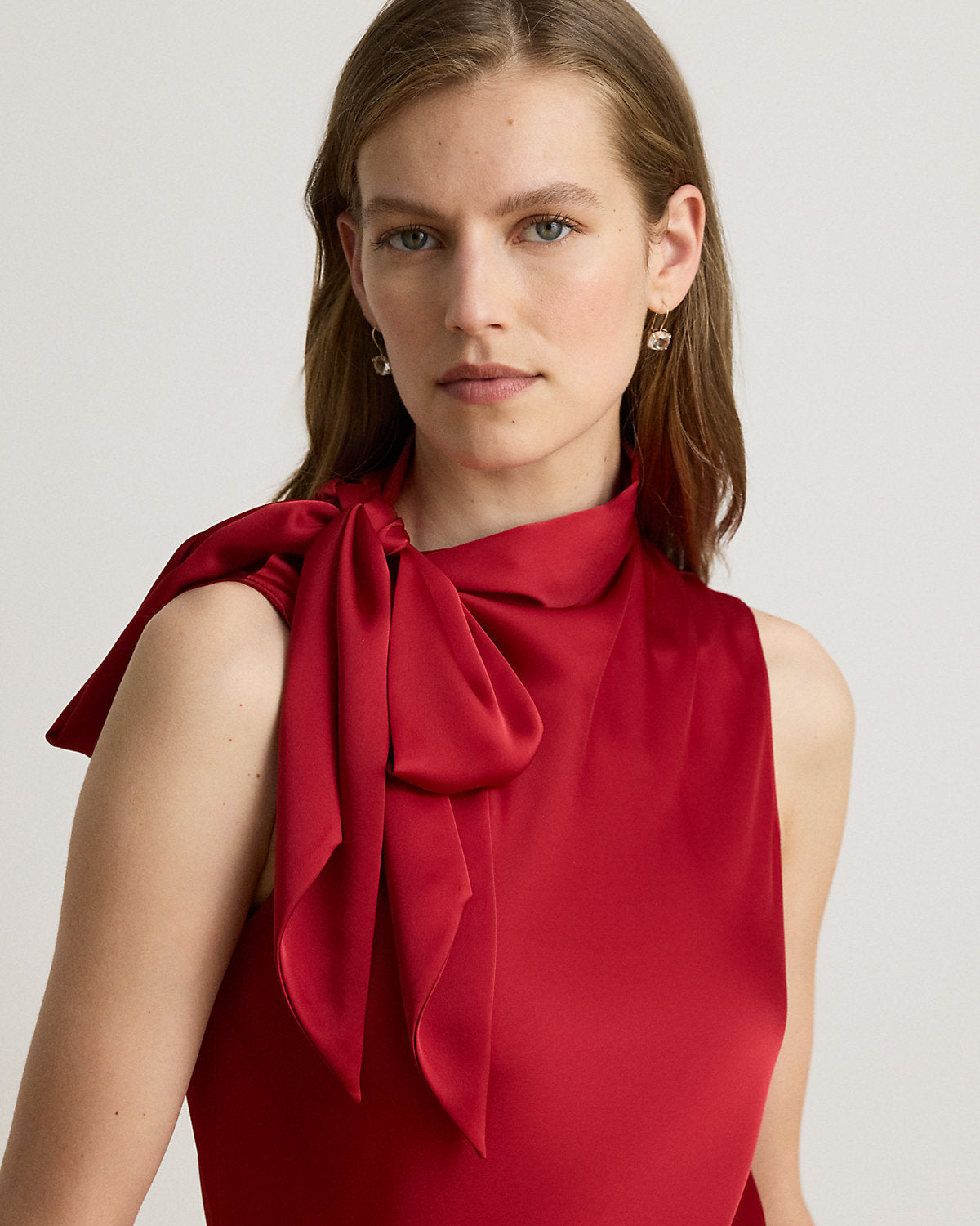 Tie-Neck Charmeuse Sleeveless Blouse