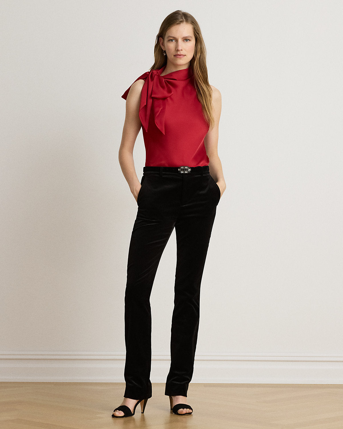 Tie-Neck Charmeuse Sleeveless Blouse