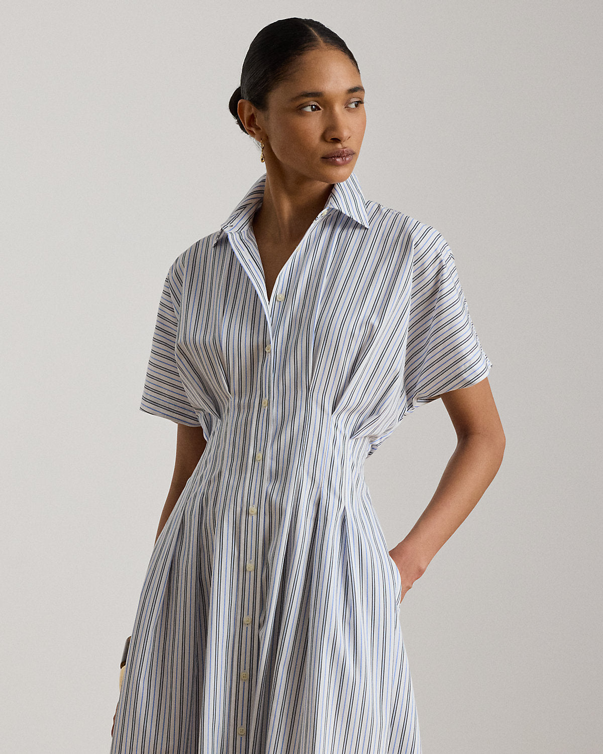 Striped Pleated Broadcloth Shirtdress