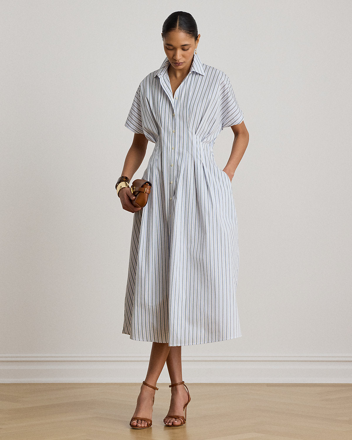 Striped Pleated Broadcloth Shirtdress