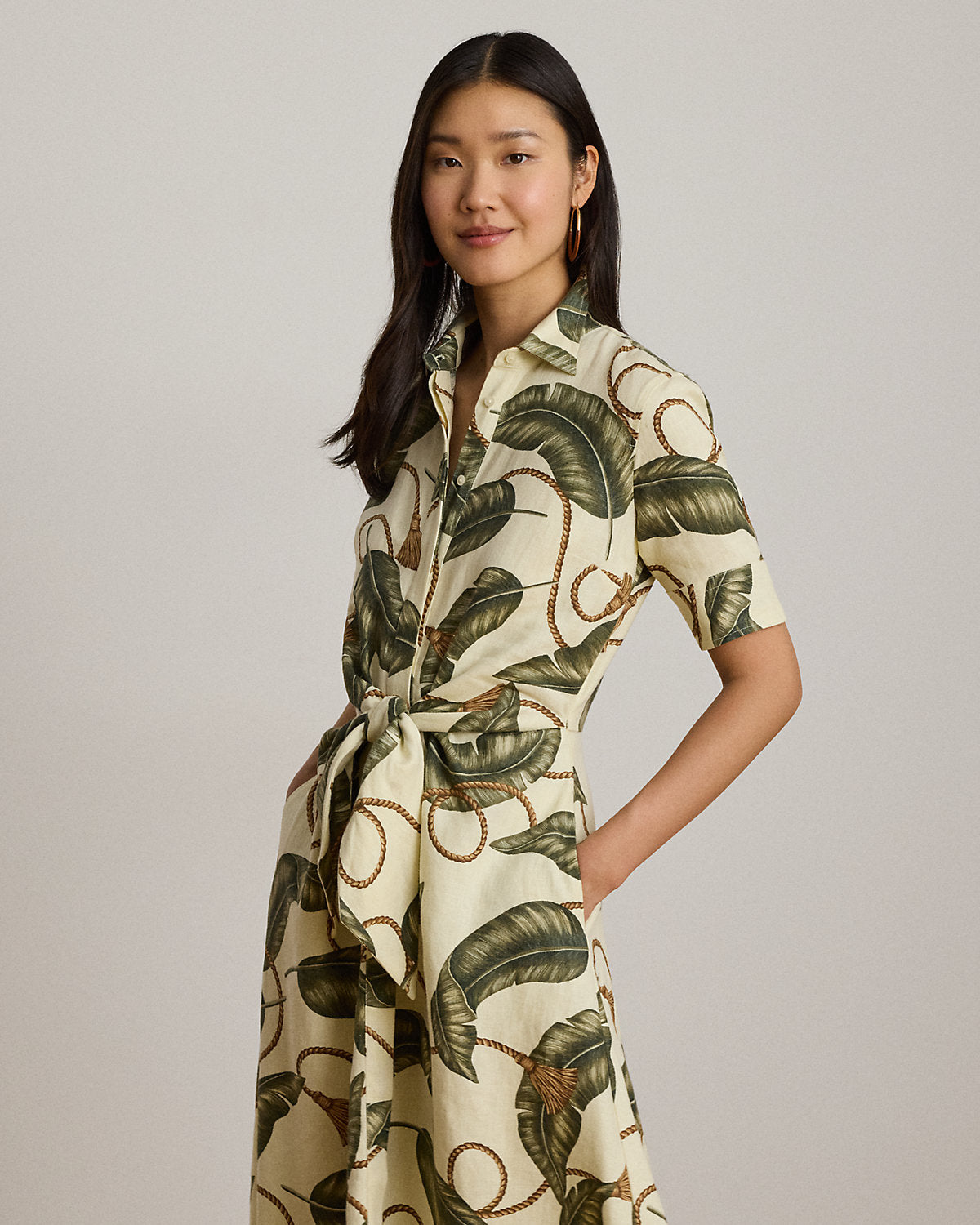 Rope-Print Tie-Front Linen Shirtdress