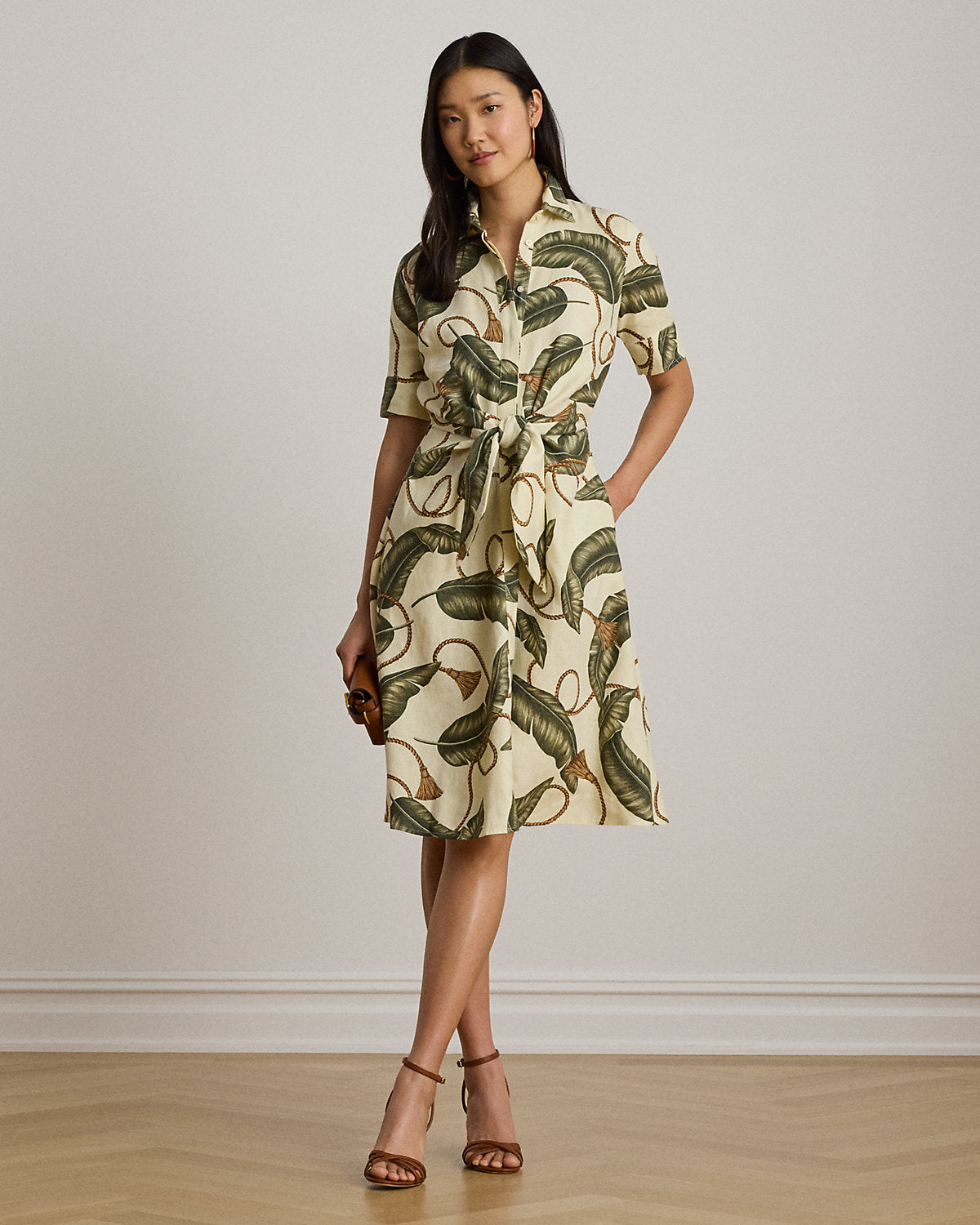 Rope-Print Tie-Front Linen Shirtdress