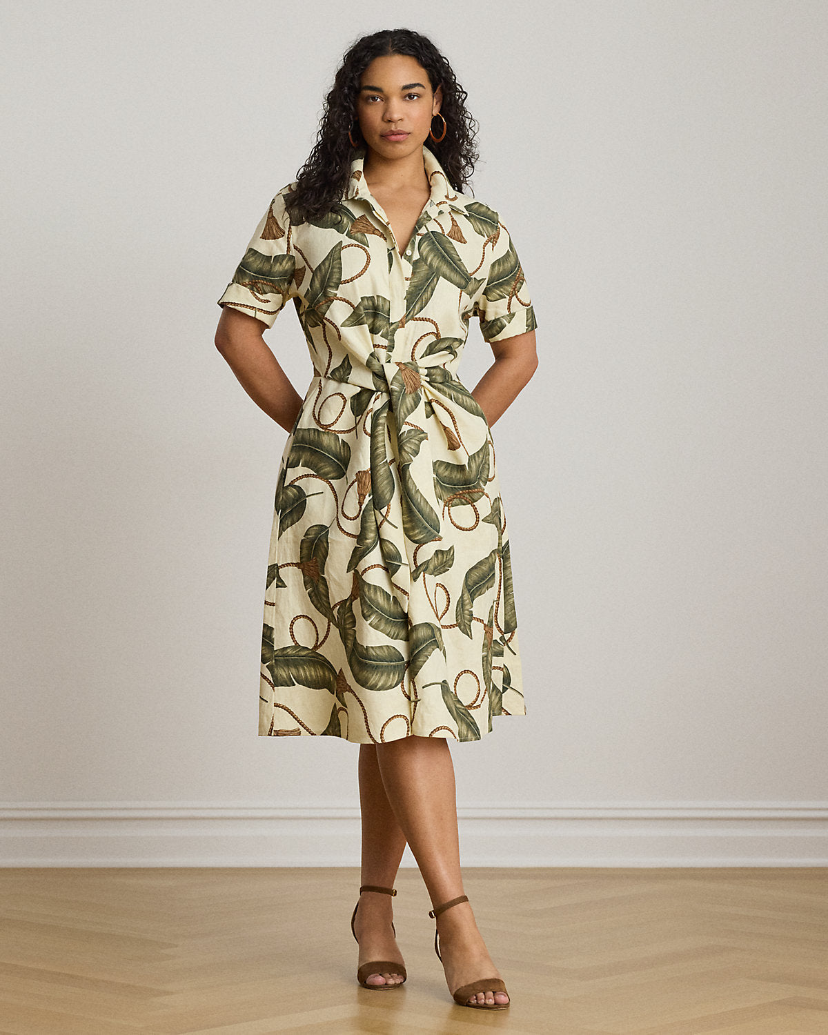 Rope-Print Tie-Front Linen Shirtdress
