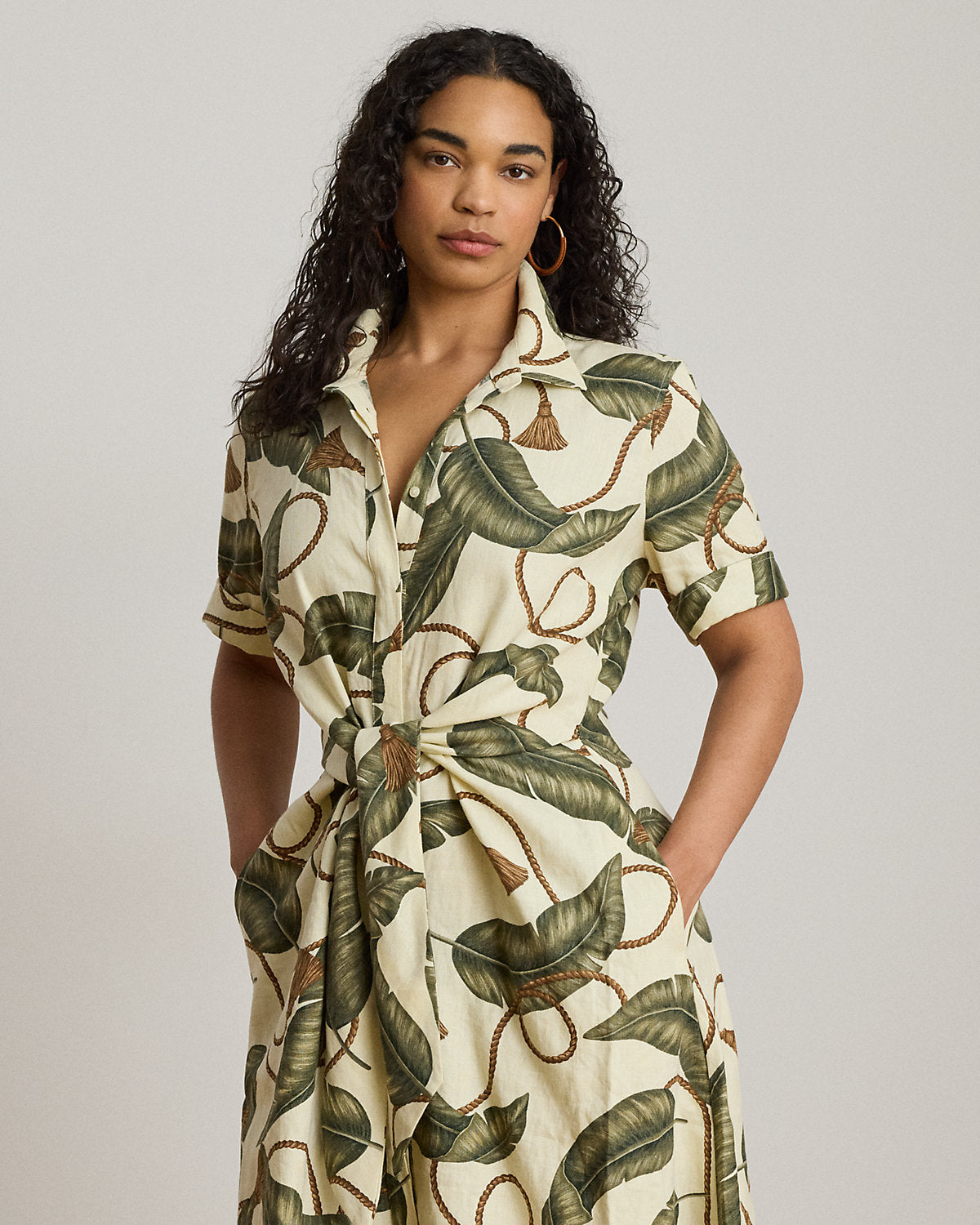 Rope-Print Tie-Front Linen Shirtdress