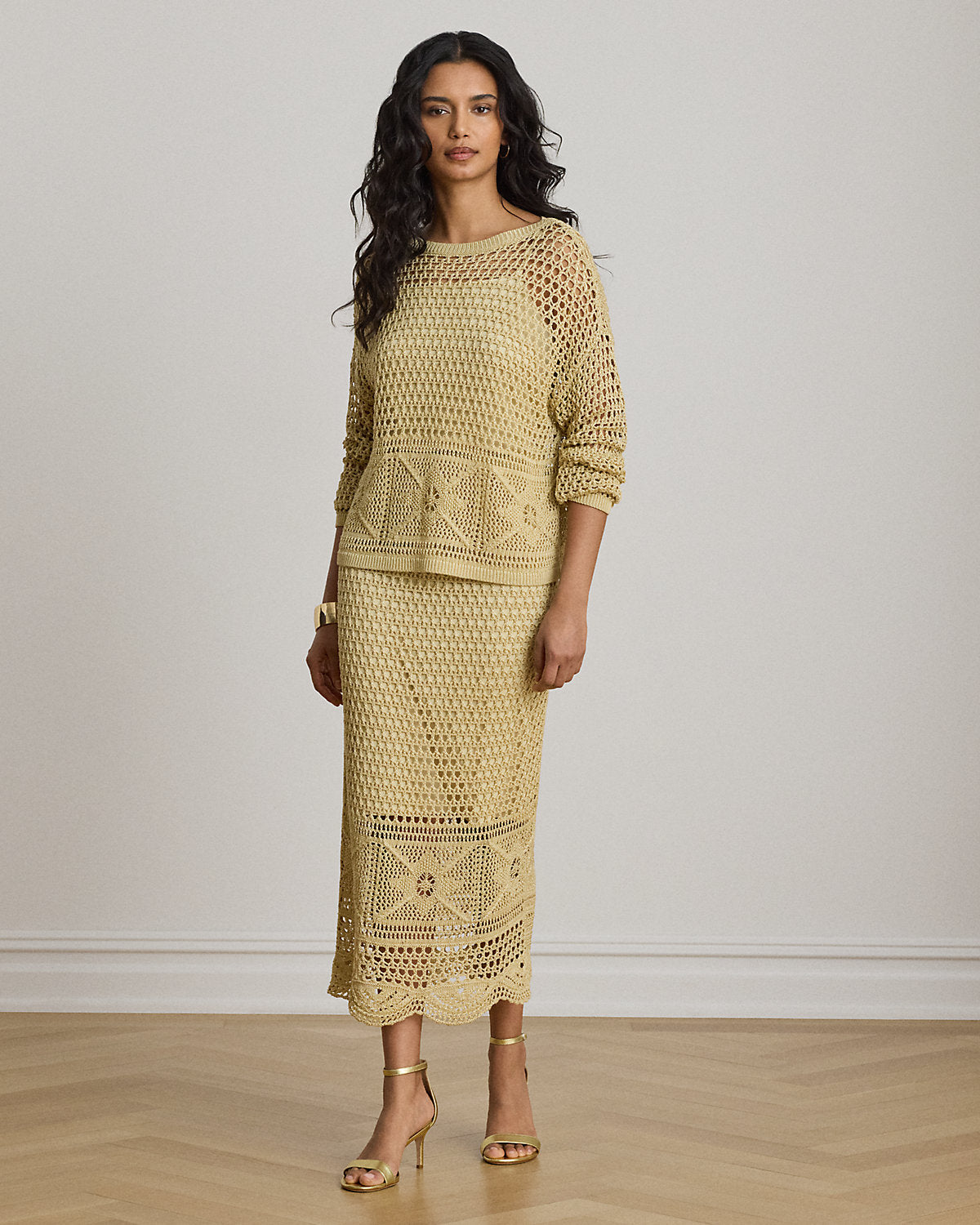 Pointelle-Knit Linen-Blend Midi Skirt