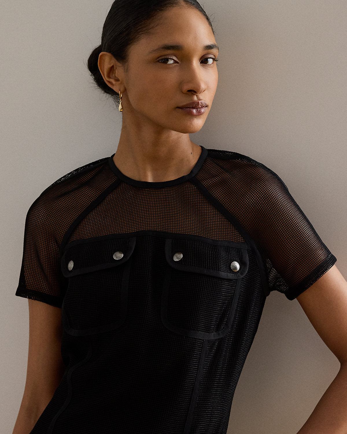 Mesh Short-Sleeve Shift Dress