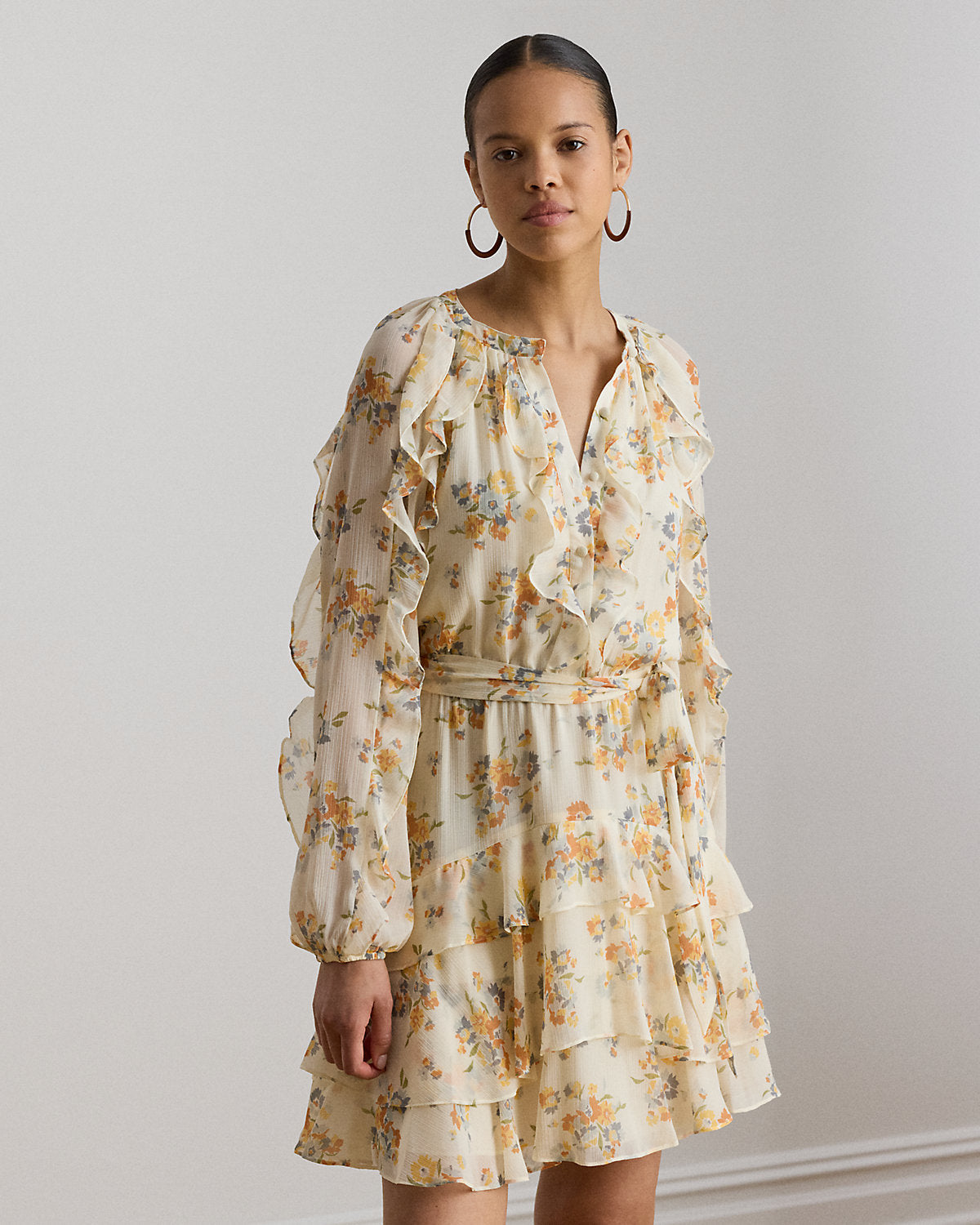Floral Ruffle-Trim Tiered Dress