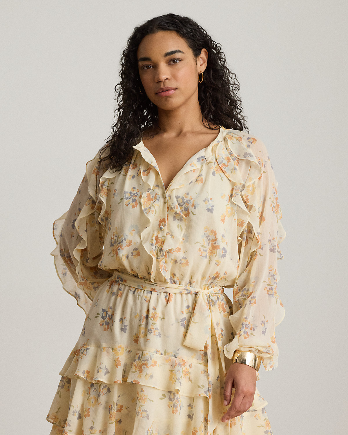 Floral Ruffle-Trim Tiered Dress