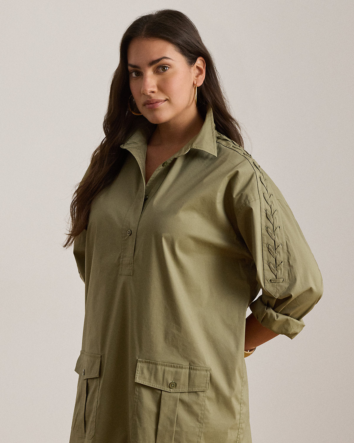 Lace-Up-Trim Cotton-Blend Shirtdress
