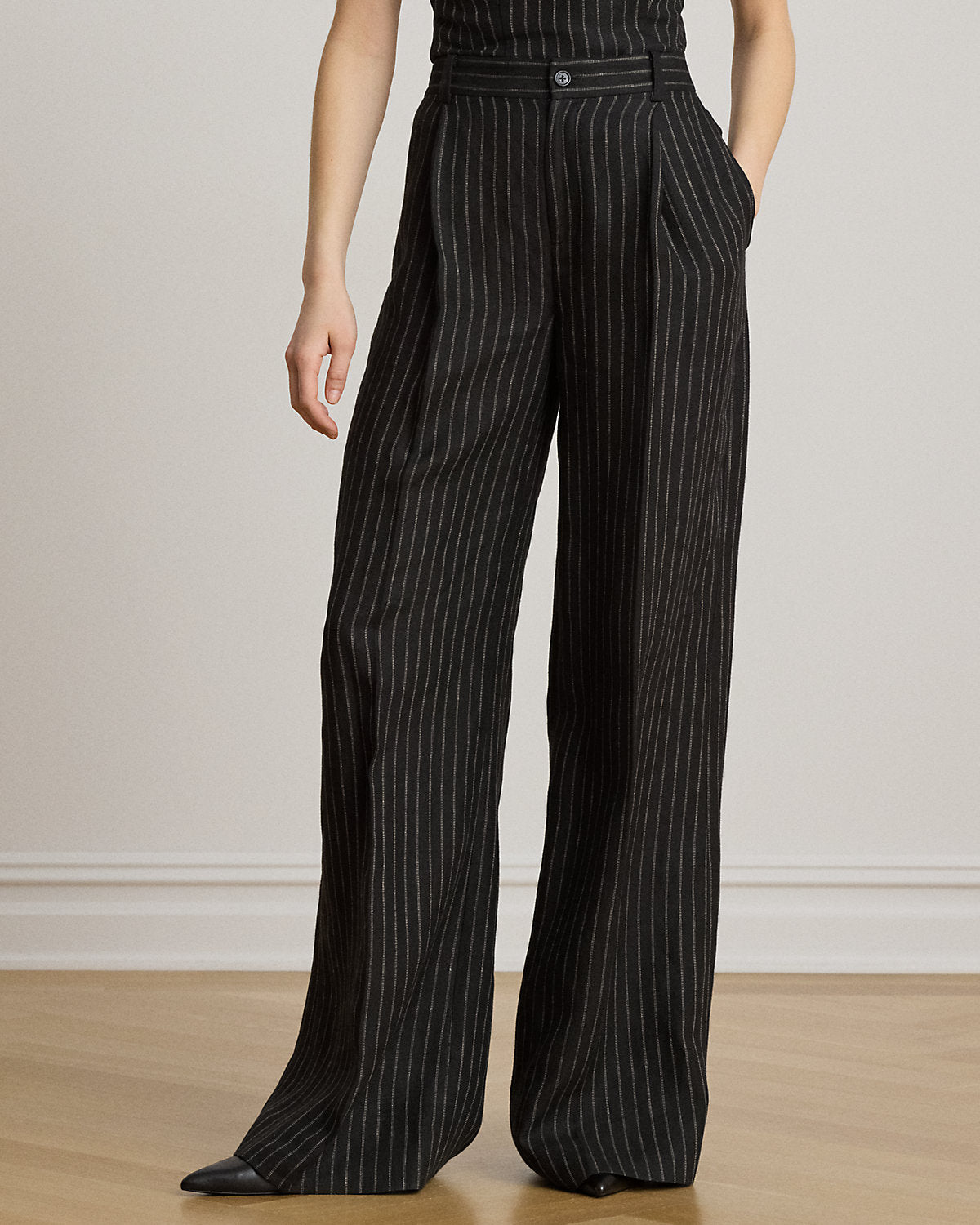 Chalk-Stripe Linen Canvas Wide-Leg Pant