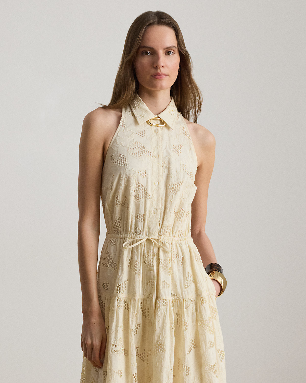 Floral-Eyelet Voile Tiered Shirtdress