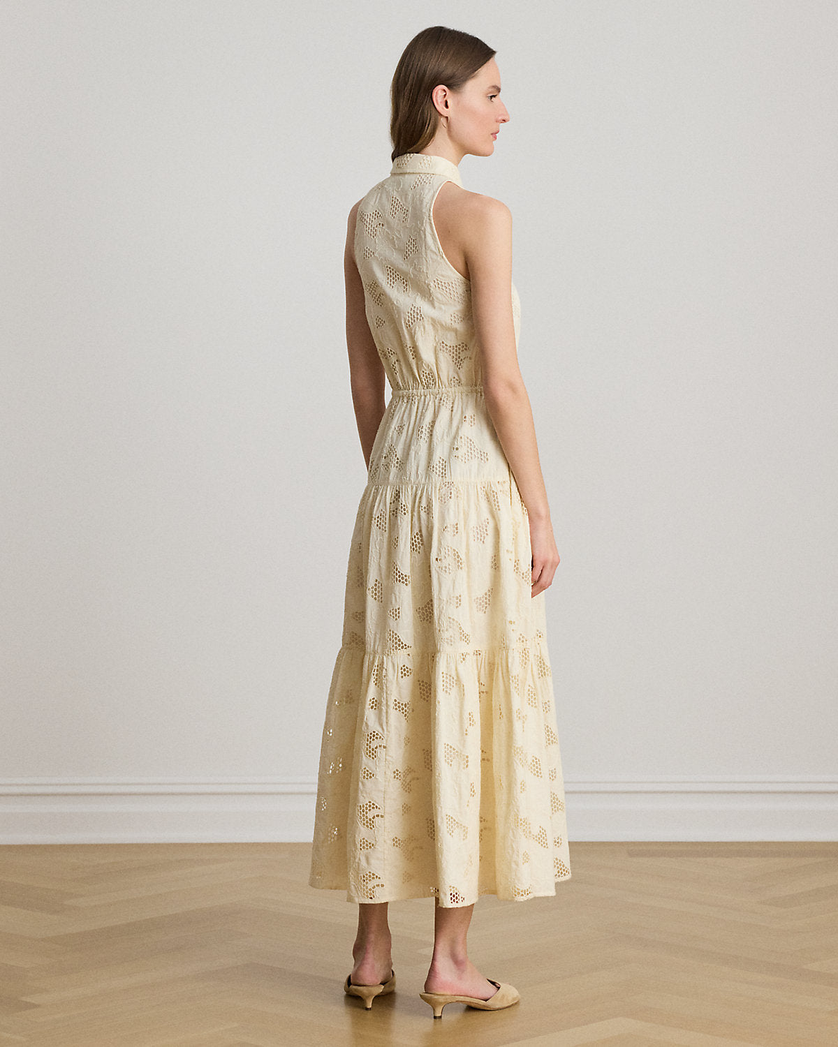 Floral-Eyelet Voile Tiered Shirtdress