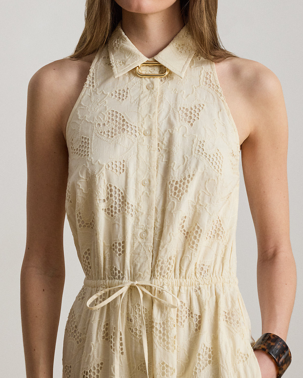 Floral-Eyelet Voile Tiered Shirtdress