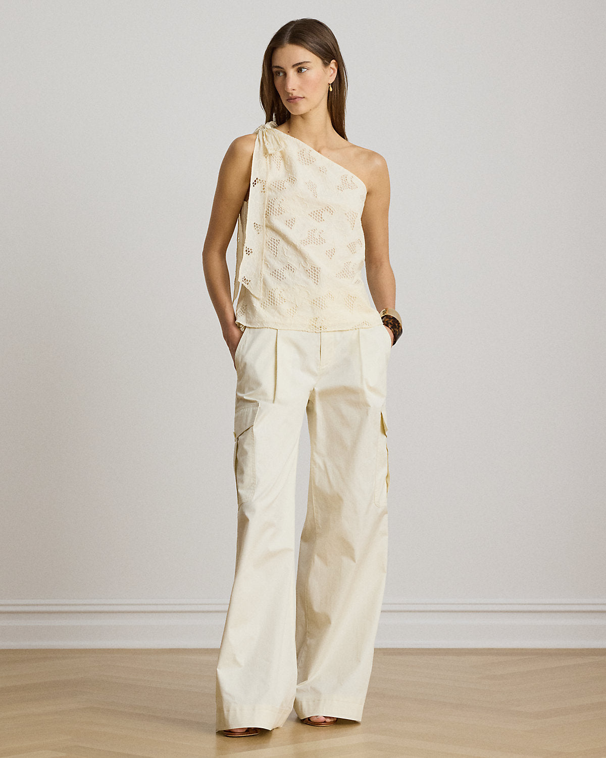 Floral-Eyelet Voile One-Shoulder Blouse