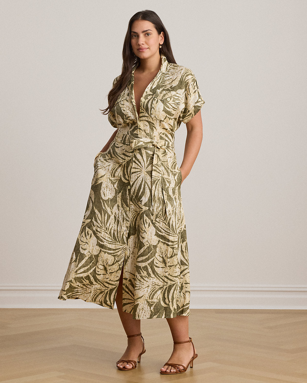 Palm-Frond-Print Linen Camp Shirtdress